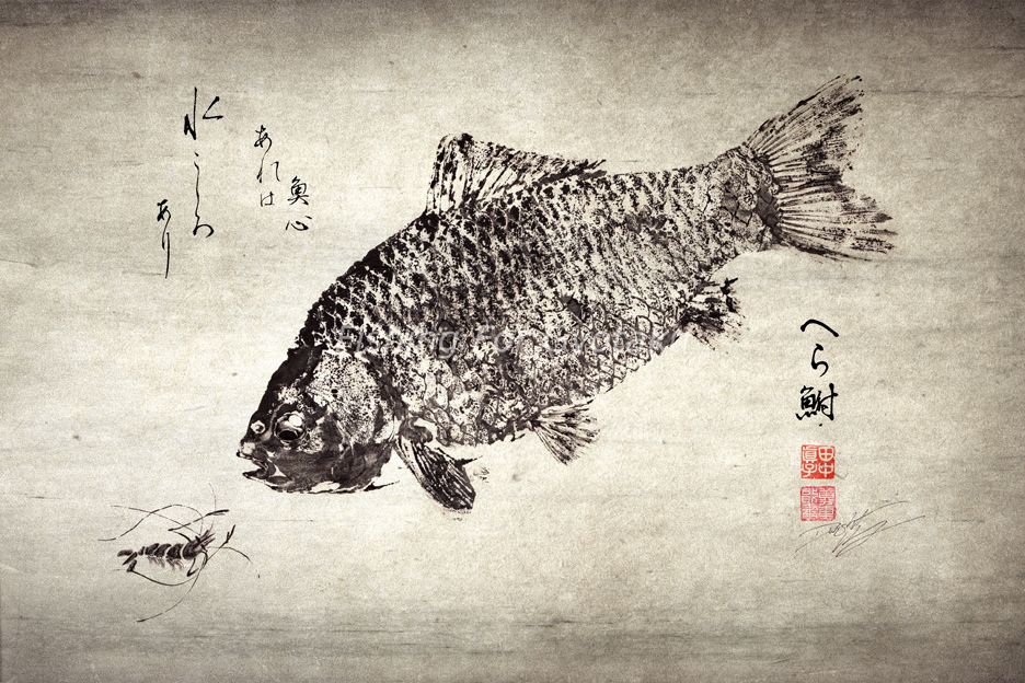 Buy Hand Made Crucian Carp With River Shrimp - Gyotaku / Calligraphy Print  - Traditional Japanese Fish Art, made to order from Fishing For Gyotaku
