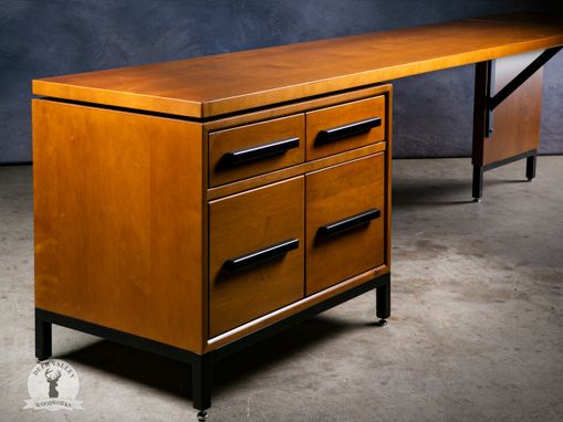 Custom Made Hardwood Maple Corner Desk, Pecan Finish With Dual Drawer Banks, Modern Office Corner Desk