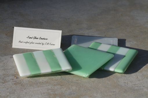 Custom Made White And Sea Green Glass Coasters In Set Of 4