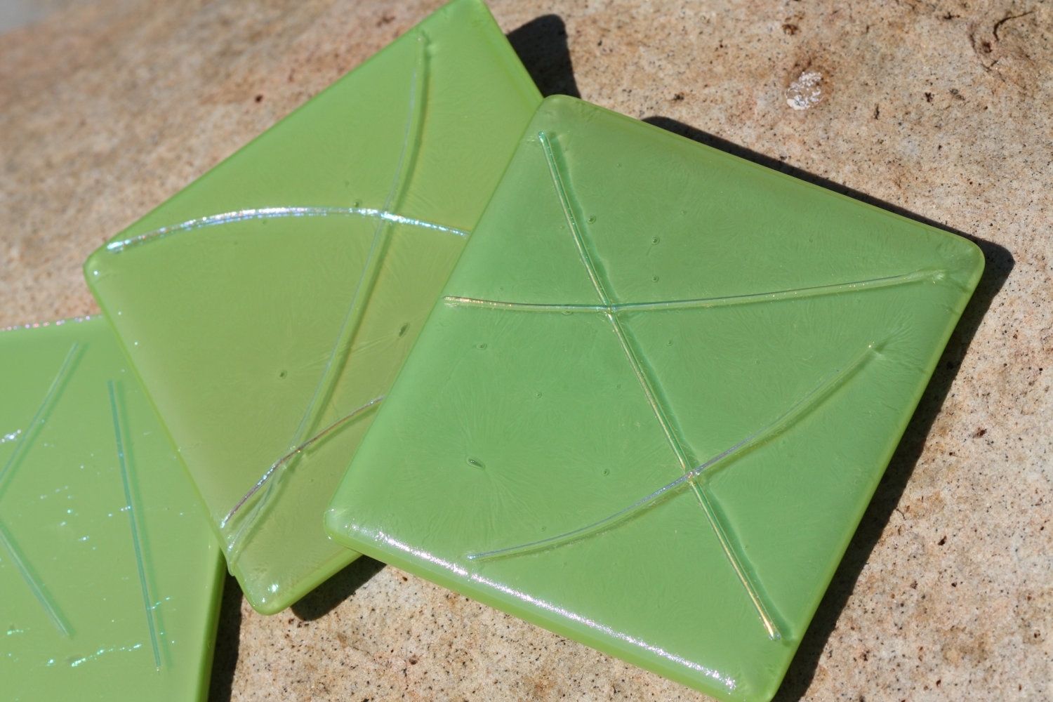 Hand Crafted Lime Green Glass Coasters With Stringer Accents In Set Of
