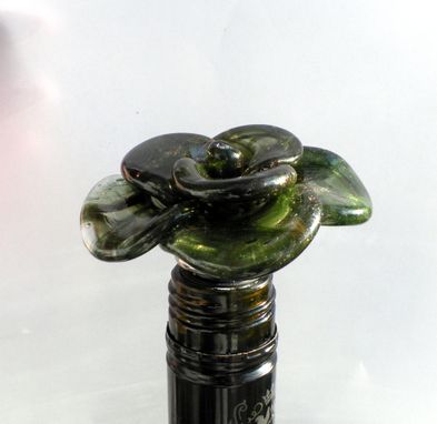 Custom Made Wine Bottle Stopper Glass Rose Green, Hand Blown Rose, Lampwork Sra Rose, Flower Stainless Steel