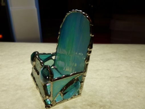 Custom Made Blue Iridescent Upright Stained Glass Business Card Holder