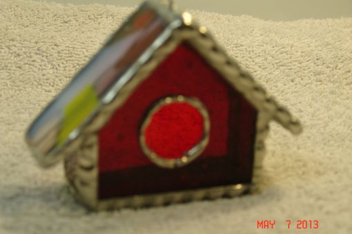 Custom Made Empty Nest Bird House Ornament In Classic Red With Bright Orange And Yellow Roof Stained Glass