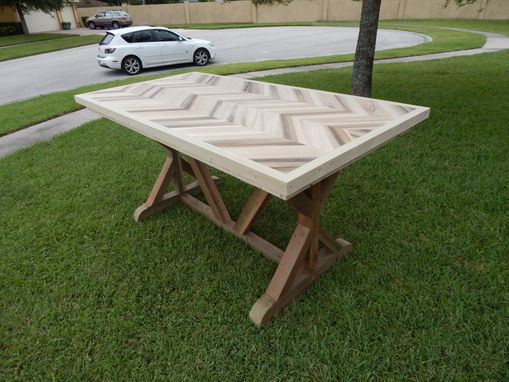 Custom Made Chevron Style Trestle Leg Wood Dining Table