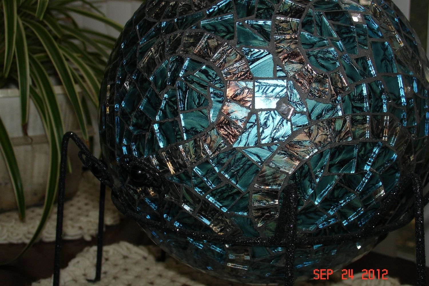 Handmade Stained Glass Mosaic Gazing Ball In Van Gogh Blue With Copper
