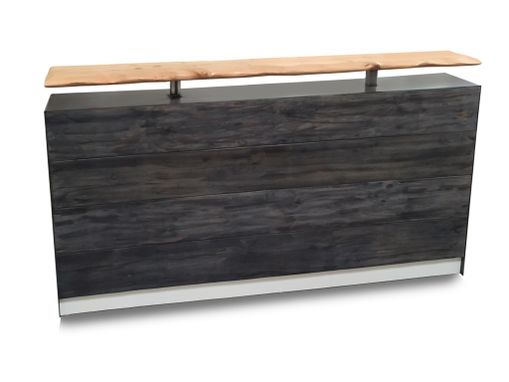 Custom Made #2 White Reception Desk Or Sales Counter With Distressed Reclaimed Wood And Live Edge Riser