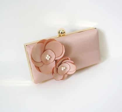 Custom Made Romantic Clutch Purse With Handmade Flower Adornment And Pearls- Blush