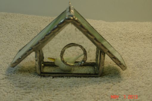 Custom Made Empty Nest Bird House Ornament In Clear Streamer Glass W/ White Glass Bird