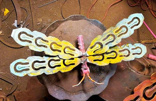 Custom Made Small Dragonfly Garden Stake Outdoor Sculpture By Raymond Guest
