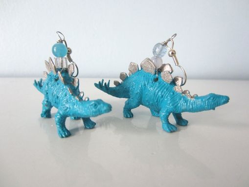 Custom Made Upcycled Earrings Made From Toy Dinosaurs - Blue Stegosaurus With Silver Points