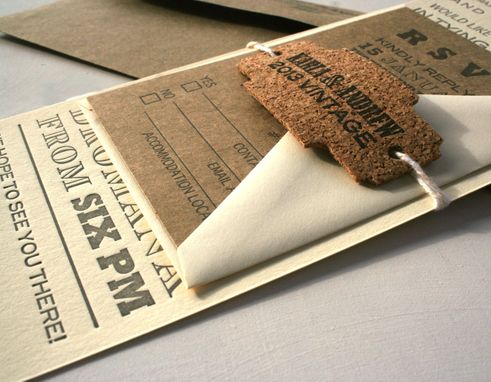 Custom Made Vintage Fonts Long Letterpress Wedding Invitation With Rustic Cork Tag