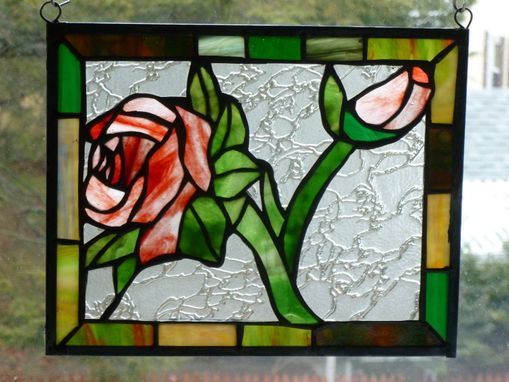 Custom Made Red Rose Stained Glass Panel With Green And Brown Border