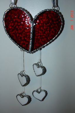 Custom Made Stained Glass Heart Suncatcher In Cherry Red Bubble Textured Glass With 4 Dangling White Hearts