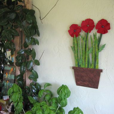 Custom Made Metal Flower Wall Art Sculpture - Poppies - Upcycled Metal Kitchen Wall Art Flower Pot