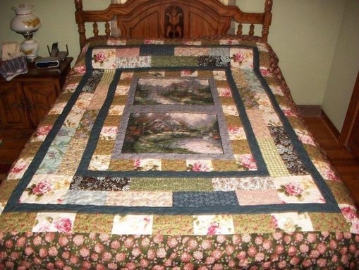 Custom Made Lovely Stripped Custom Quilt With Thomas Kinkade Panels.