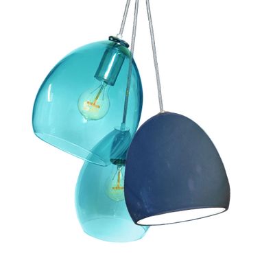 Custom Made Matte Indigo Porcelain Globe Clay & Nickel Hand Blown Aqua Glass 3 Pendant Chandelier