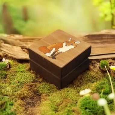 Custom Made Sitting Fox Ring Box With Inlaid Woods. Free Engraving And Shipping. Rb-94