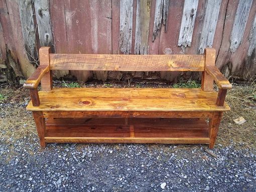 Custom Made Reclaimed Wood Relaxed Back Farm Bench With Armrests