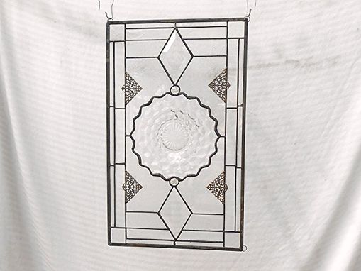 Custom Made Vintage Stained Glass Plate Panel - Depression Glass Fostoria American Window Valance