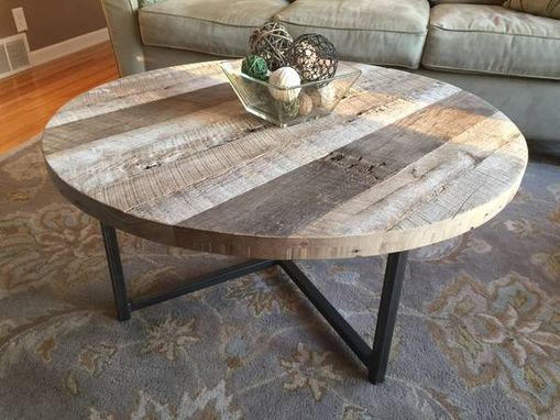 Custom Made Round Reclaimed Wood Table With Metal Base