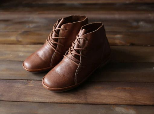 Custom Made Handmade Brown Shoes For Women,Ankle Boots,Flat Shoes, Retro Leather Shoes