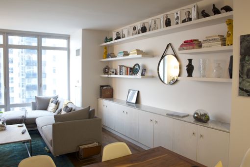 Custom Made Marble And Oak Alcove Wall Unit