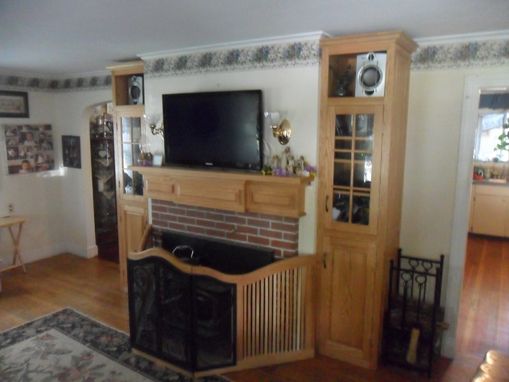 Custom Made Built In Oak Cabinets W/ Mantlepiece.