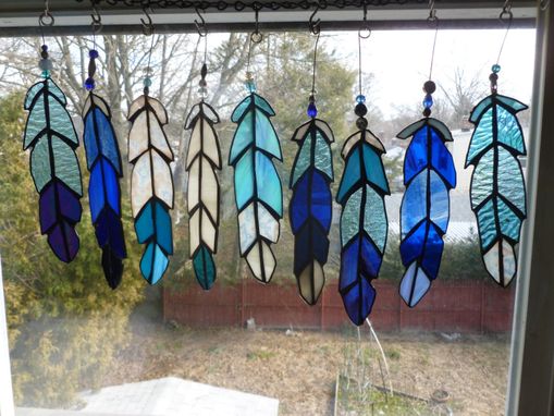 Custom Made Indian Chief Feather Stained Glass In Blue
