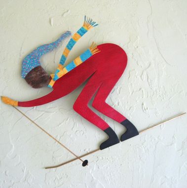 Custom Made Handmade Upcycled Metal Skier Wall Art Sculpture In Red