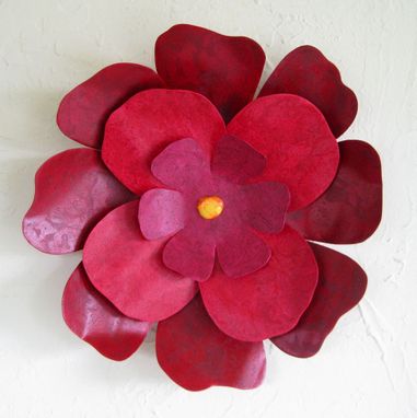 Custom Made Handmade Upcycled Metal Hibiscus Flower Wall Art In Dark Red And Pink