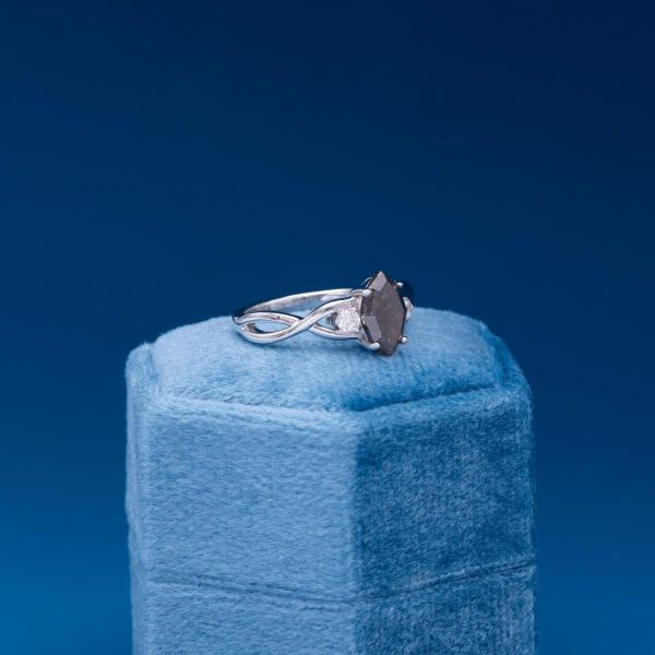 This three stone ring holds a salt and pepper diamond flanked by two white diamonds.