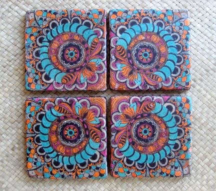 Custom Made Handmade Coasters With Original Artwork-Set Of 4 Turquoise Orange Magenta