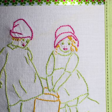 Custom Made Charming Jack & Jill Vintage Embroidered Fabric On New Lamp Shade