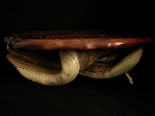 Custom Made Redwood Slab Coffee Table, Turquoise Stone Inlay, Twisted Juniper Base