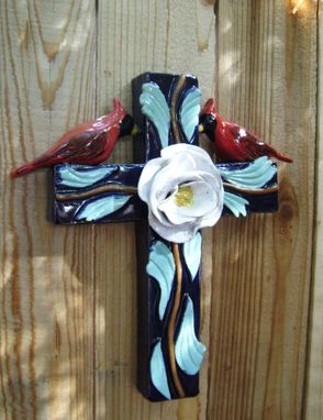 Custom Made Cardinal On A Cross, Handmade Ceramic, 3 Dimensional