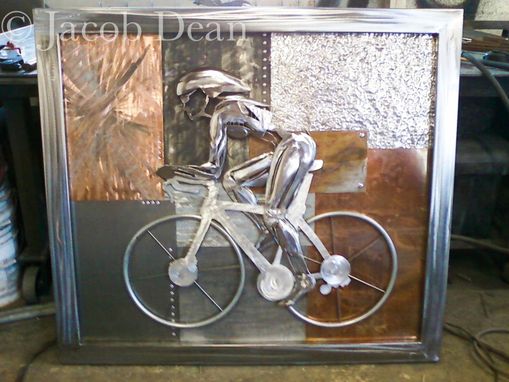 Custom Made Cyclist Relief Abstract Backdrop, Fabricated Metal Sculpture