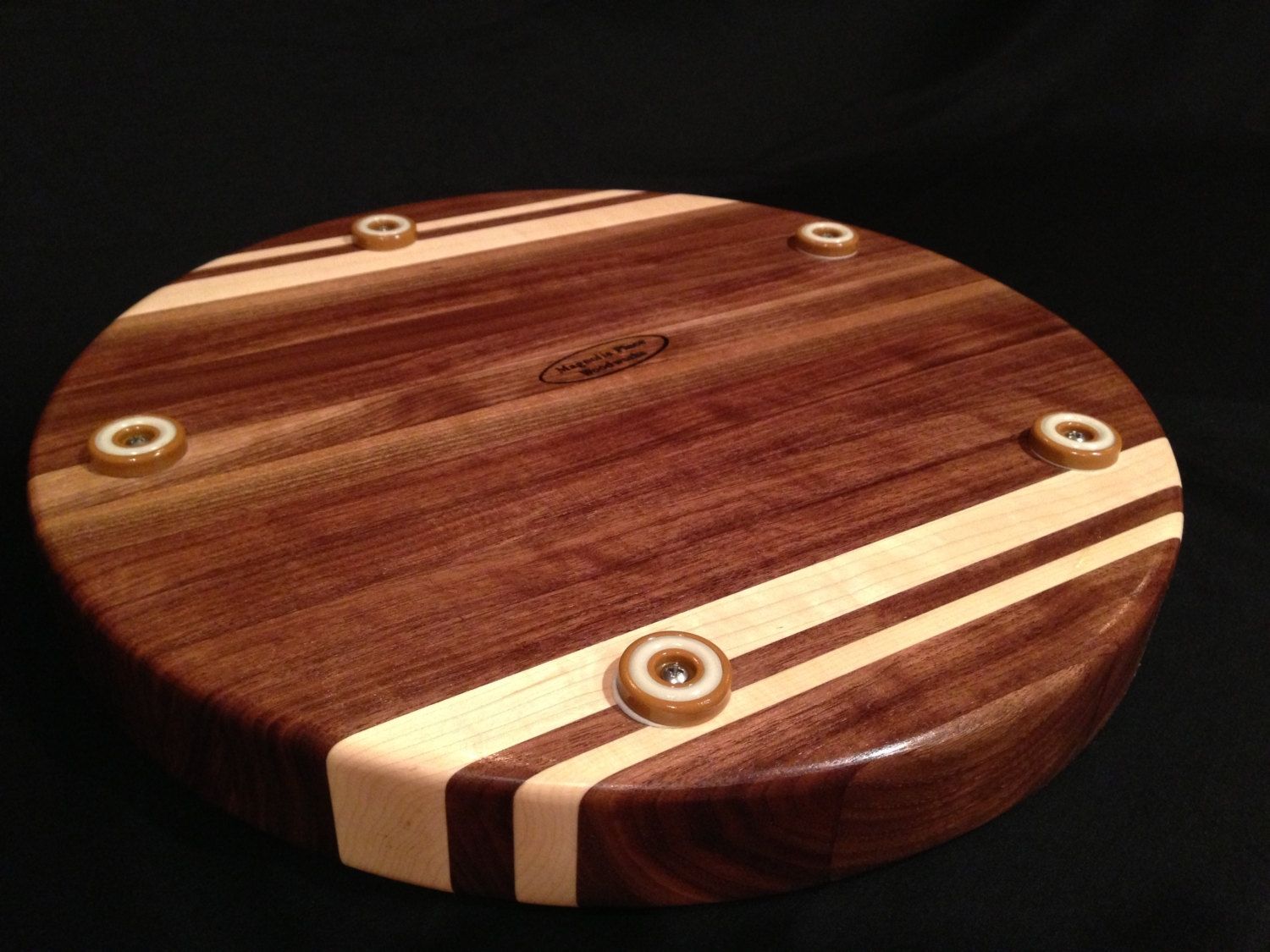 Handmade Round Black Walnut Cutting Board With Rock Maple Accent Stripes By Magnolia Place 