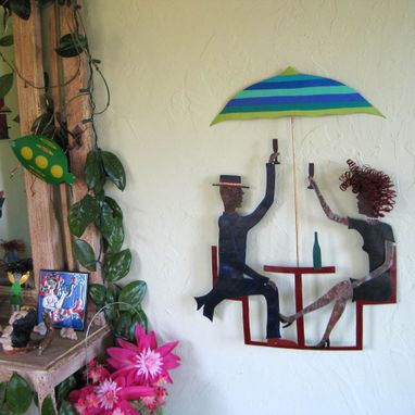 Custom Made Handmade Upcycled Metal Couple In Outdoor Cafe Wall Art Sculpture