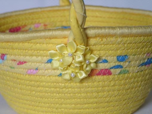 Custom Made Cloth Basket W/Handle - Coiled - Wrapped Clothesline - Small Round - Yellow