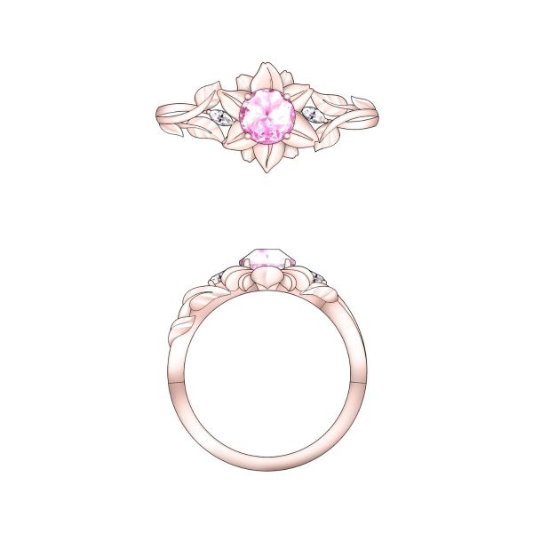 This rose gold lotus ring sports a burgundy sapphire at its center.