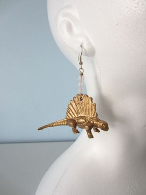 Custom Made Upcycled Earrings Made From Toy Dinosaurs - Gold Dimetrodons With White Glass Beads