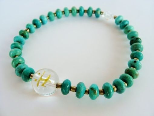 Custom Made Yoga Jewelry. Real Turquoise Beads. Stretchy Bracelet. Quartz Hand Carved Bead. Sanskrit Character.