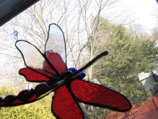 Custom Made Red Double-Winged Dragonfly Stained Glass Art