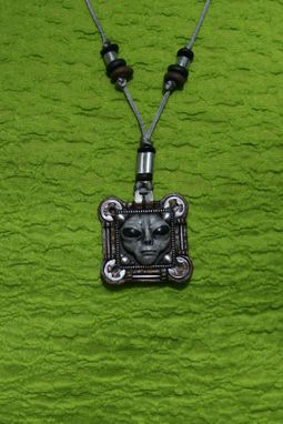 Custom Made Necklace, Gray Silver Alien, Black Eyes In Computer Chip Square, Hand Sculpted Polymer