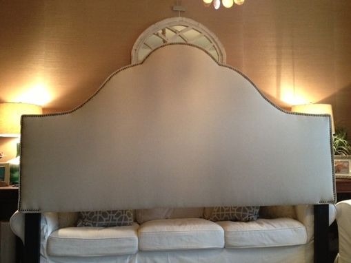 Custom Made King Arched Upholstered Headboard, Natural Linen, Antique Brass Nailhead