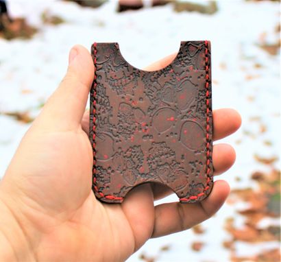 Custom Made Handmade Leather Minimalist Wallet Minus Brown Red Zombie Skulls