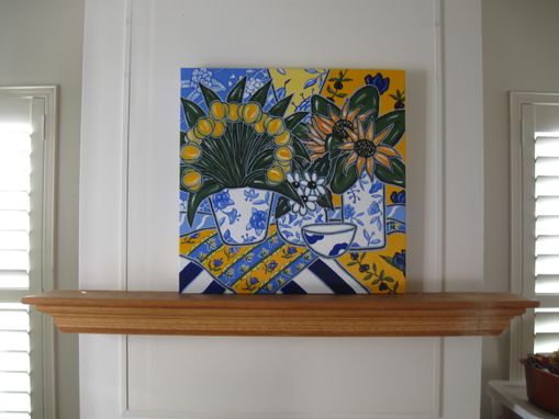 Custom Made Original French Country Still Life Painting, 24" X 24", Blue And Yellow