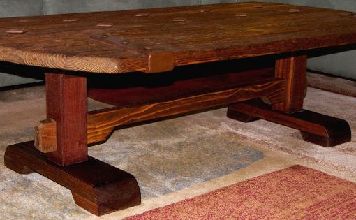 Custom Made Rustic Wood Coffee Table With Trestle Base & Forged Iron Accents By Rustic Furniture Hut