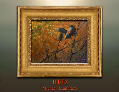 Custom Made Red Winged Blackbird Painting By Michael Lumbrazo