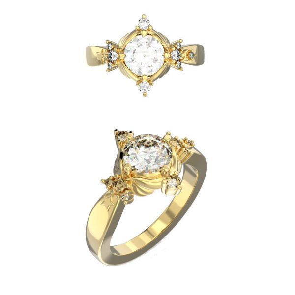 Anime references hide in this moissanite and yellow gold magical girl inspired engagement ring.